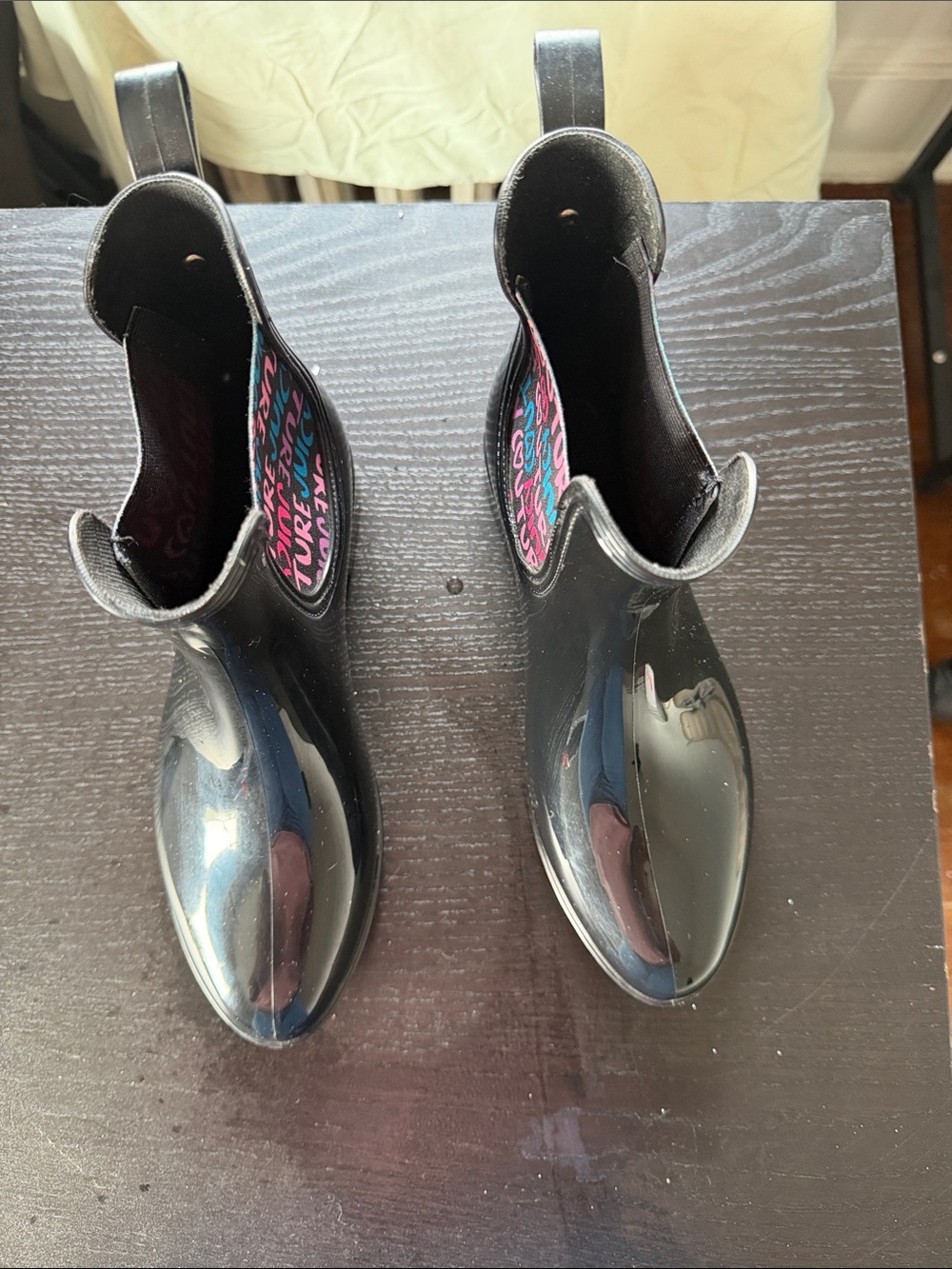 Juicy Couture Black Gloss Rain Ankle Boots with Pink Inner Lining